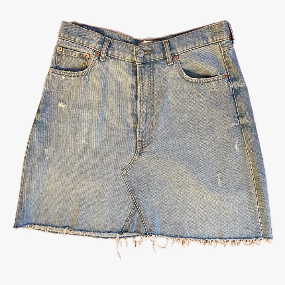 Zara High-Waist, Light Distressed Denim, Raw Hem, A-Line Skirt, Size Large